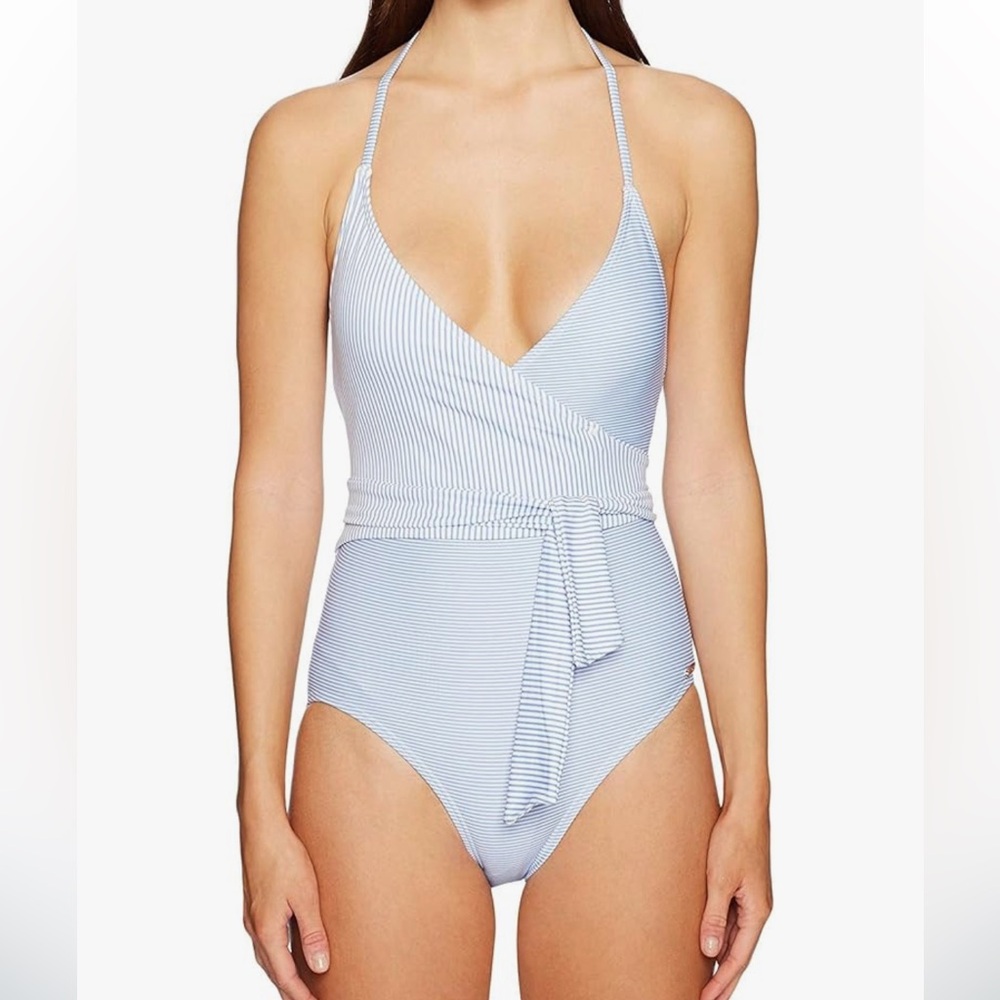 Vince Camuto Wrap Nautical Stripe One Piece Swimsuit